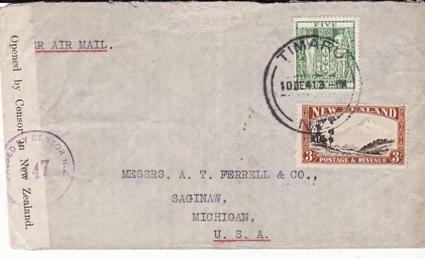 NEW ZEALAND-USA...WW2 AIRMAIL 8/- RATE ACROSS PACIFIC...