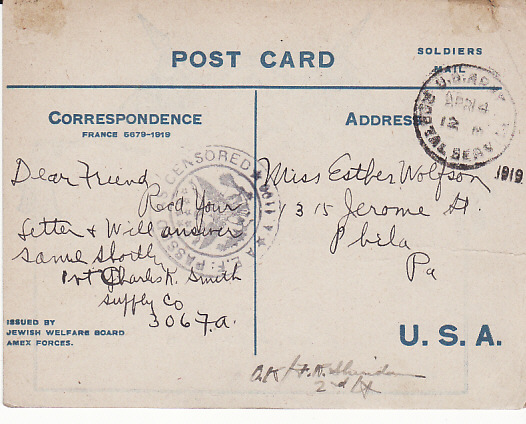 USA...WW1 AEF in FRANCE using JEWISH WELFARE CARD...]