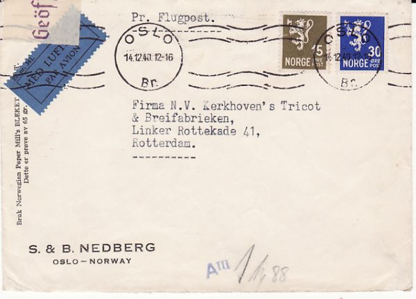 NORWAY -NETHERLAND...WW2 CENSORED AIRMAIL…