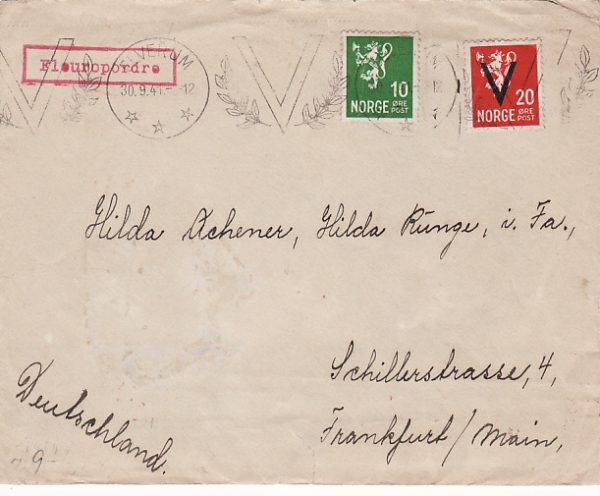 NORWAY -GERMANY...WW2 "V" OVERPRINT on CENSORED COVER…