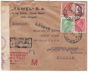 BULGARIA - FRANCE…REGISTERED AIRMAIL with TRANSIT CENSORSHIP…