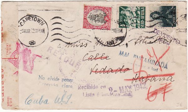 SOUTH AFRICA - CUBA…WW2 DOUBLE CENSORED & RETURNED TO SENDER..