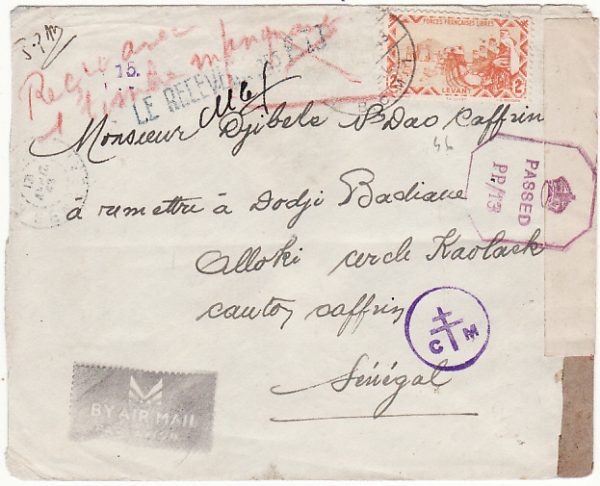 FRENCH LEVANT - SENEGAL…WW2 CENSORED in NIGERIA & RECEIVED WITH MISSING STAMP…