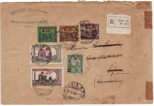 TUNISIA…WW1 INTERNAL REGISTERED MAIL with RED CROSS ADHESIVES..