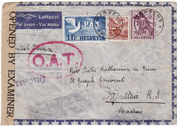SWITZERLAND - INDIA….WW2 CENSORED AIRMAIL with OAT…