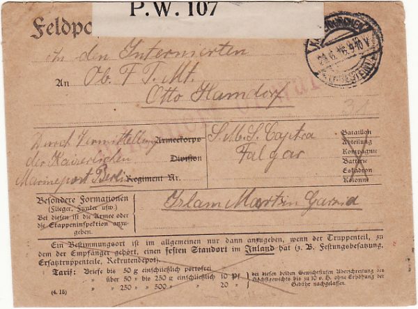 GERMANY - ARGENTINA….WW1 GERMAN POW from SMS CAP TRAFALGAR…