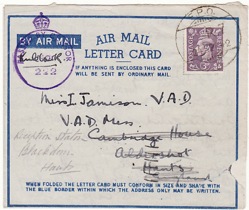 CYPRUS - GB…INDIAN FPO R-7 from 82nd GENERAL HOSPITAL on  AIR MAIL LETTER CARD…