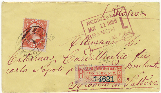 USA - ITALY….1888 REGISTERED NEW YORK to RIONERO IN VALTURE…