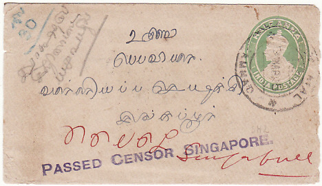 INDIA - MALAYA...WW1 SINGAPORE CENSOR..