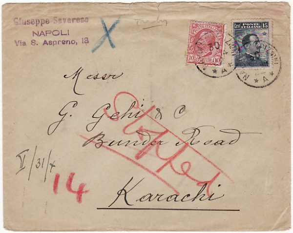 ITALY - INDIA…WW1 MAIL STOPPED…