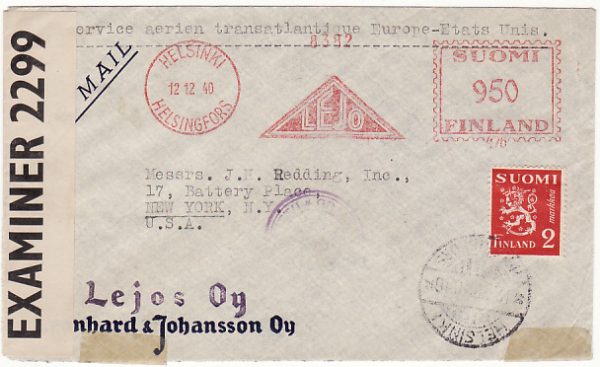 FINLAND - USA…WW2 METER FRANKED CENSORED AIRMAIL..