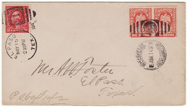 MEXICO-USA [1914 COMBINATION COVER STRADDLING PERIOD OF US INTERVENTION]