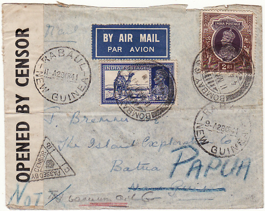 INDIA - NEW GUINEA...PAPUA WW2 AIRMAIL CENSORED….