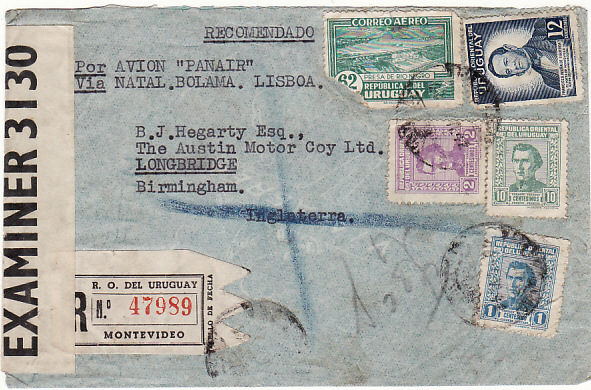 URUGUAY - GB...WW2 REGISTERED CENSORED AIRMAIL…