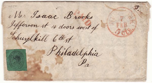 USA [1848 BOYD'S CITY EXPRESS POST 2 CENTS on NEW YORK to PHILADELPHIA ENTIRE]