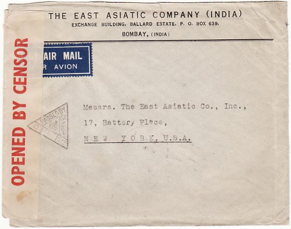 INDIA - USA… WW2 CENSORED AIRMAIL with PERFINS..