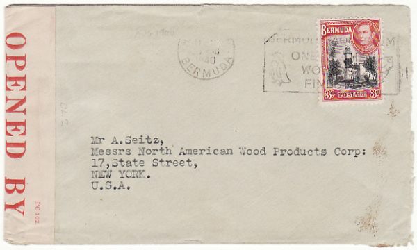 BERMUDA - USA...WW2 CENSORED with UNRECORDED PC 102 NUMBER..