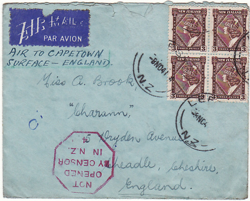 NEW ZEALAND - GB...1941 NOT OPENED BY CENSOR AIR MAIL VIA HORSESHOE ROUTE…