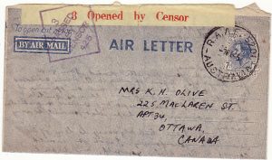 AUSTRALIA - CANADA….WW2 CENSORED AIR LETTER CARD…