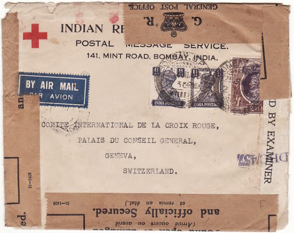INDIA - SWITZERLAND ….WW2 CENSORED AIRMAIL RED X & OFFICIALLY SEALED…