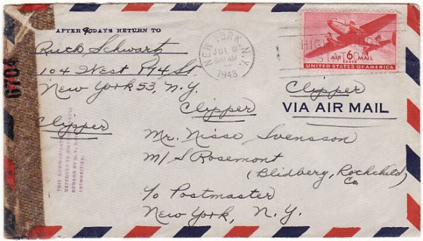 USA…WW2 TRAVELLERS CENSOR on M/S ROSEMONT MAIL…