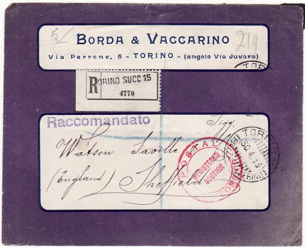 ITALY - GB..WW1 REGISTERED SECTION CENSORSHIP…