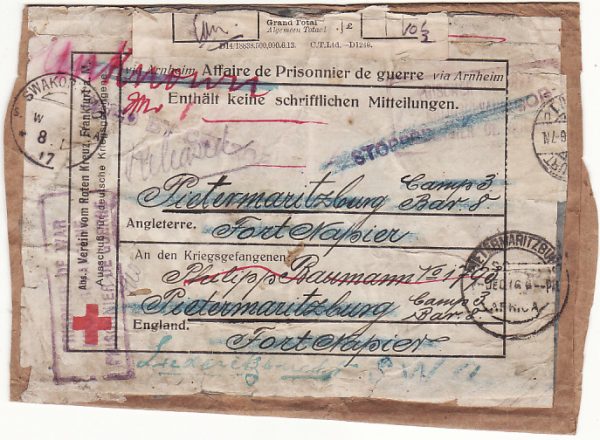 GERMANY - SOUTH AFRICA…RED X POW PARCEL LABLE forwarded to S.W.A ...