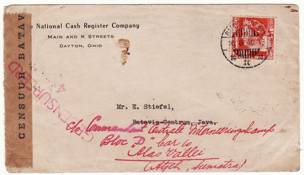 NED. EAST INDIES…1940 CENSORED INTERNAL MAIL to GERMAN INTERNEE…