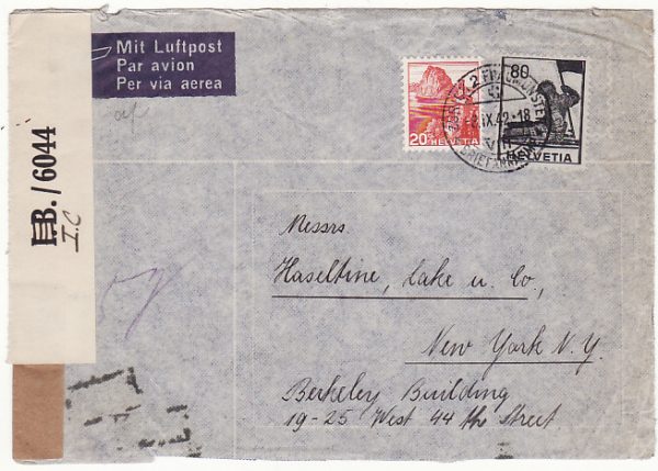 SWITZERLAND-USA…WW2 CENSORED in BERMUDA using ANTIGUA LABEL