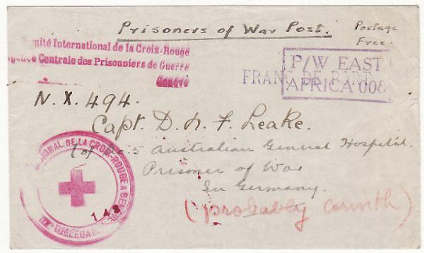 KENYA-GERMANY...WW2 to POW at 5th AUSTRALIAN HOSPITAL & FORWARDED to GREECE..