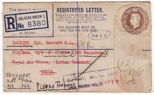 GB-INDIA…..WW2 REGISTERED to RAF & CENSORED..