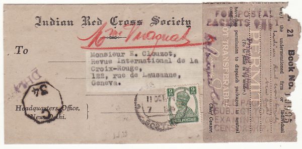 INDIA - SWITZERLAND….1944 CENSORED RED CROSS WRAPPER via BOOK POST…