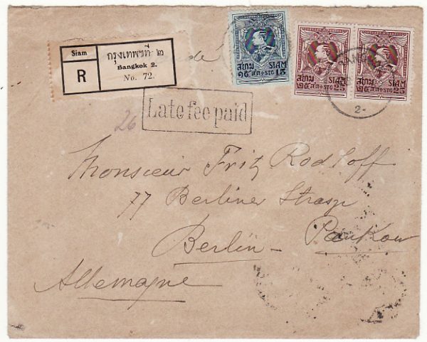 THAILAND-GERMANY…1922 RAMA V1 REGISTERED with LATE FEE