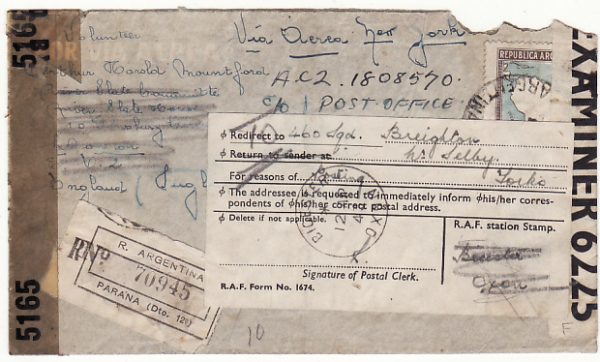 ARGENTINA-GB…WW2 UNDERCOVER MAIL REGISTERED & FORWARDED to RAF SQN 460..