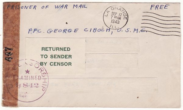 USA-MANCHURIA…WW2 US MARINE POW in CHINA RETURNED TO SENDER..