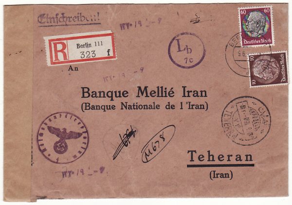 GERMANY-IRAN..WW2 CENSORED REGISTERED..