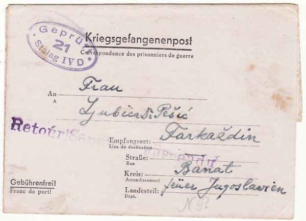 GERMANY-YUGOSLAVIA..WW2 POW SERVICE SUSPENDED MAIL..