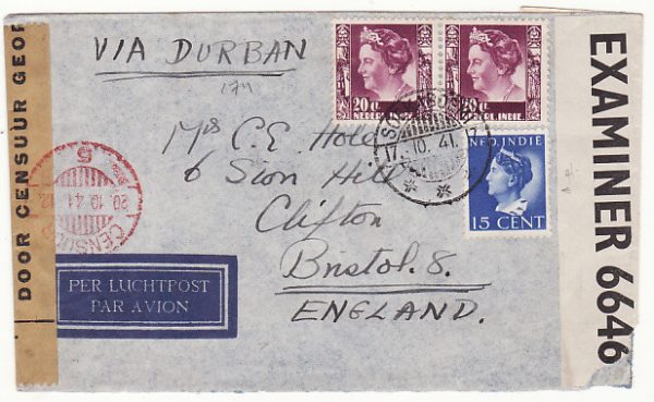 NED. EAST INDIES-GB...WW2 DOUBLE CENSORED AIRMAIL via HORSESHOE ROUTE..