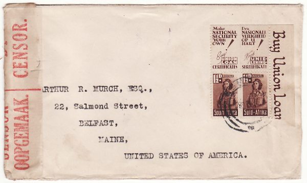 SOUTH AFRICA-USA..WW2 ZULULAND NATAL  CENSORED& with  PATRIOTIC TABS