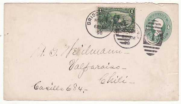 USA-CHILE ..1898 4c STATIONARY NJ with 1c EXPOSITION to CHILE