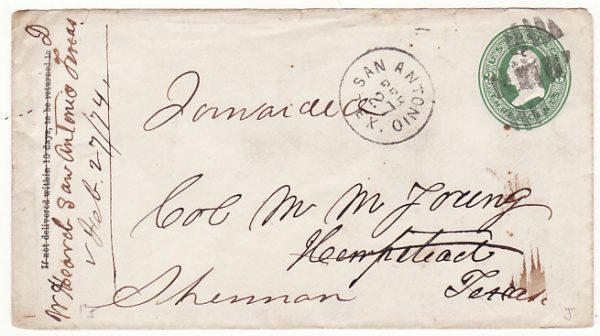 USA..1874  SAN ANTONIO TEXAS to HEMPSTEAD & forwarded to SHERMAN