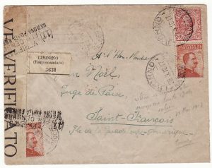ITALY - GUADALOUPE..1918 REGISTERED CENSORED COVER to GUADALOUPE..