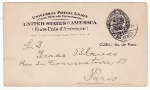 CUBA-FRANCE..USA POSSESSIONS..CUBA 2c UPU POSTAL CARD to PARIS..