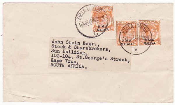 MALAYA-SOUTH AFRICA...1948 STRAITS SETTLEMENTS B.M.A.with ADDITIONAL POSTAGE ADDED..