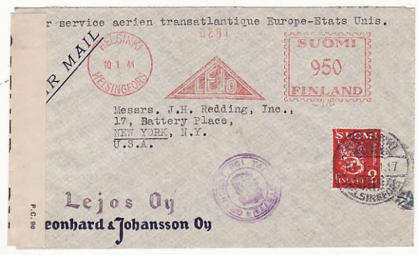 FINLAND - USA…WW2 METER FRANKED CENSORED AIRMAIL..