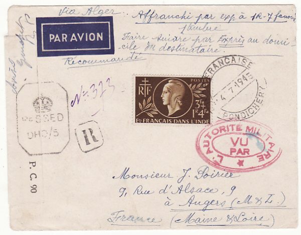 FRENCH INDIA - FRANCE…WW2 REGISTERED DOUBLE CENSORED AIRMAIL…