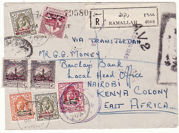 PALESTINE - KENYA…1949 TRANS-JORDAN OVERPRINTS REGISTERED CENSORED AV2 …