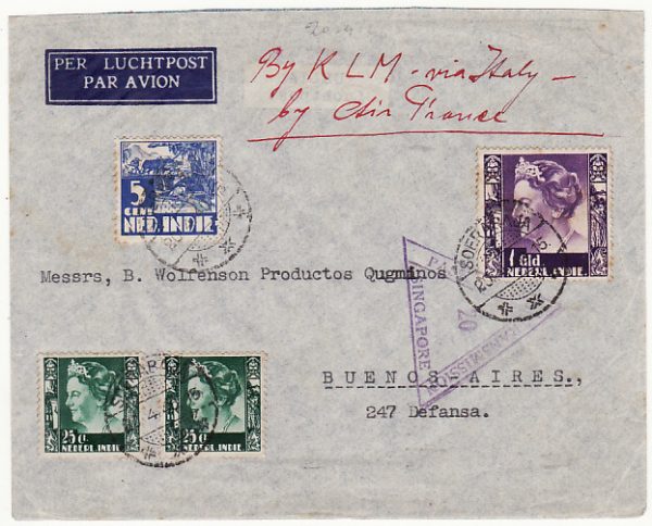 NED. EAST INDIES - ARGENTINA.... WW2 AIRMAIL CENSORED in SINGAPORE…