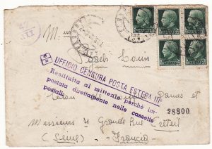 ITALY (SARDINIA) - FRANCE …WW2 POSTED In POST BOX & RETURNED TO SENDER.....