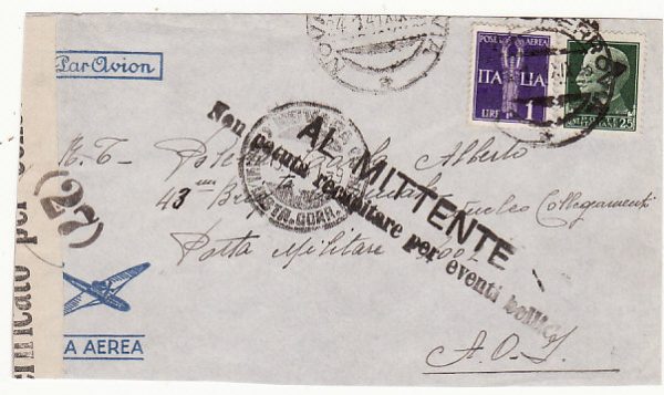 ITALY - ITALIAN SOMALILAND …WW2 RETURN TO SENDER UNABLE TO DELIVER.....
